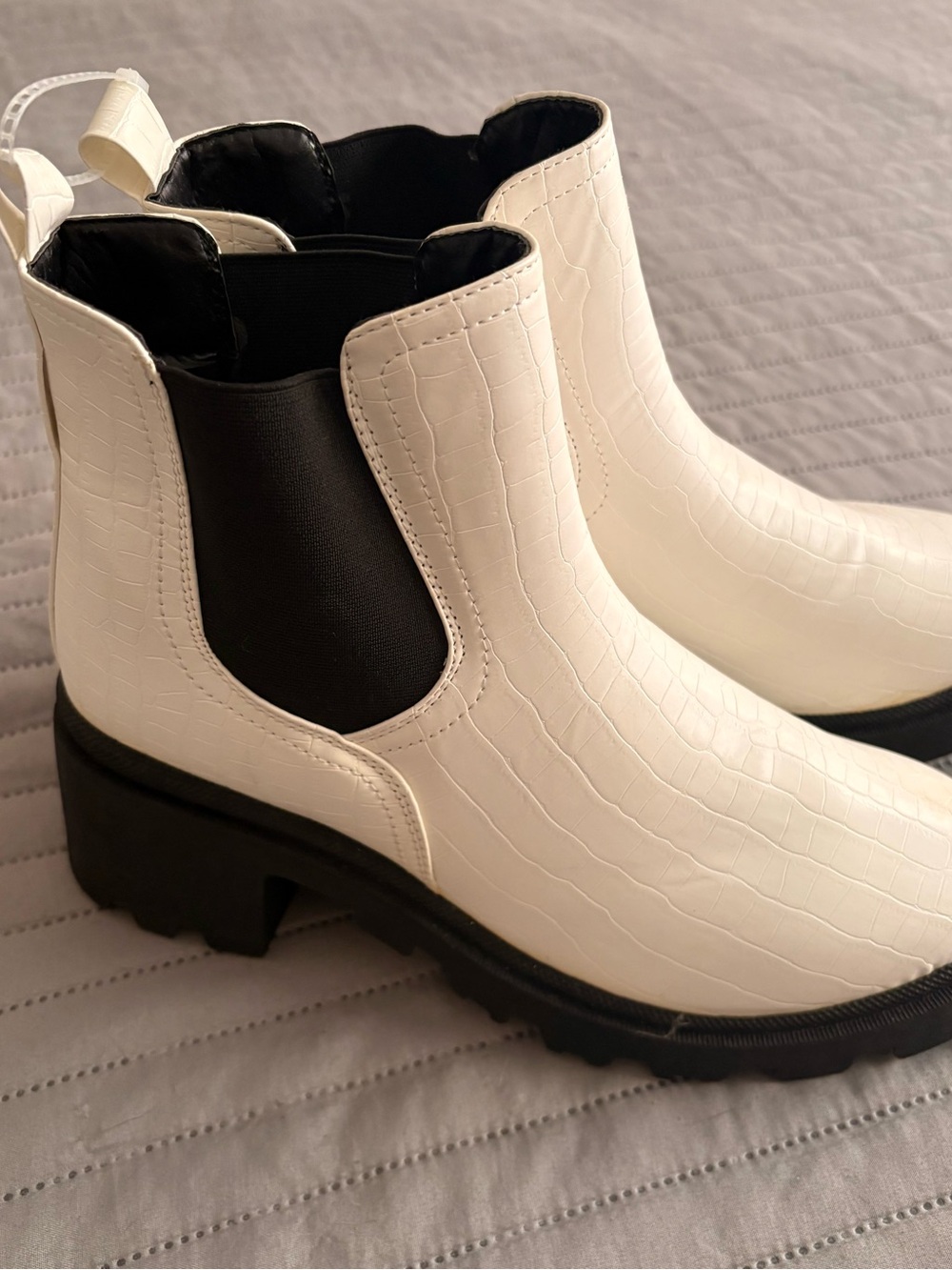 White Croc-Embossed Chelsea Booties with Black Lug Sole